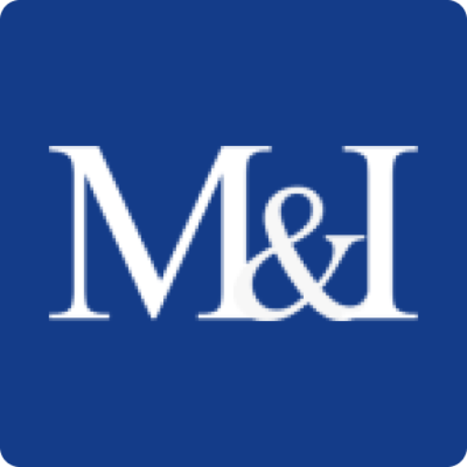 Logotipo da M&I Caldeiraria sobre fundo azul