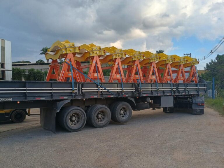 Trailer loaded with orange transport frames